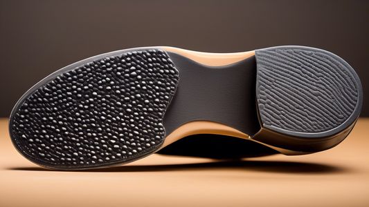 A close-up of a tap shoe sole showcasing various cushioning options for impact protection. The sole should feature a combination of materials and structures, such as gel inserts, memory foam, and rein