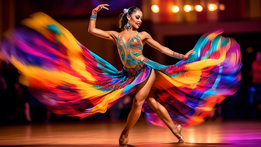 A vibrant and dynamic image of a Latin dance competitor showcasing their elaborate and colorful attire. The costume should feature intricate embellishments, flowing fabrics, and bold patterns. The dan