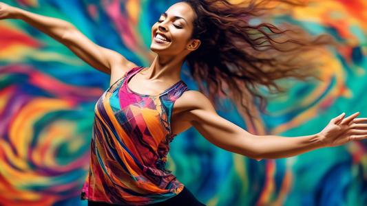 **Prompt:**

A beautiful woman wearing a colorful yoga tank top while dancing, captured in a dynamic and expressive pose. The tank top should feature vibrant patterns and flowing fabrics, reflecting t