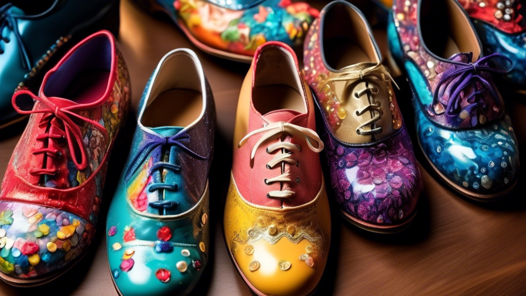 A close-up photograph of custom tap shoes with various colors, patterns, and embellishments, showcasing the individuality and creativity in tap dance.