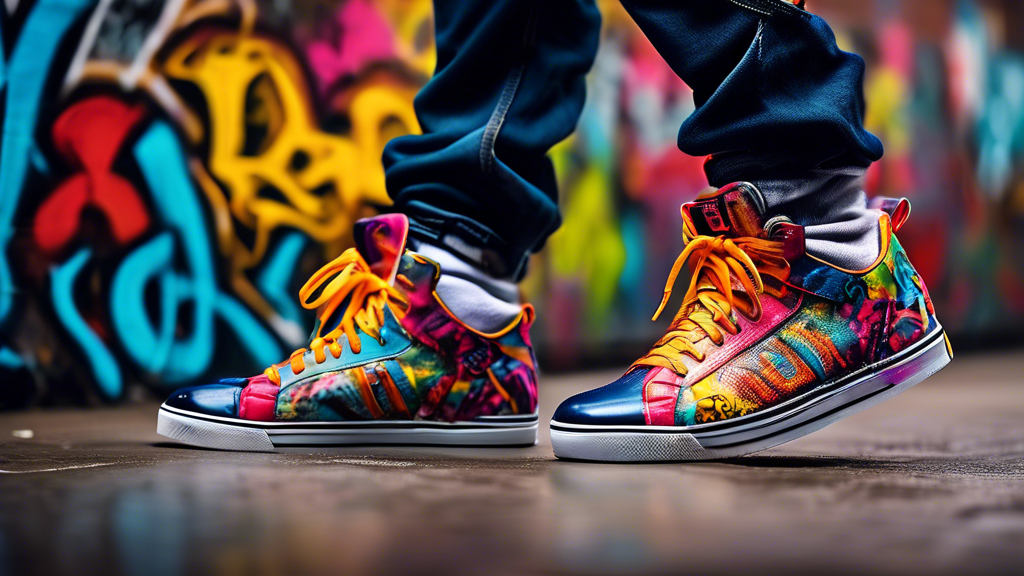 A dynamic photograph capturing the energy and style of hip hop dance sneakers, showcasing their vibrant colors, bold designs, and innovative details. Depict the sneakers in an urban setting, surrounde