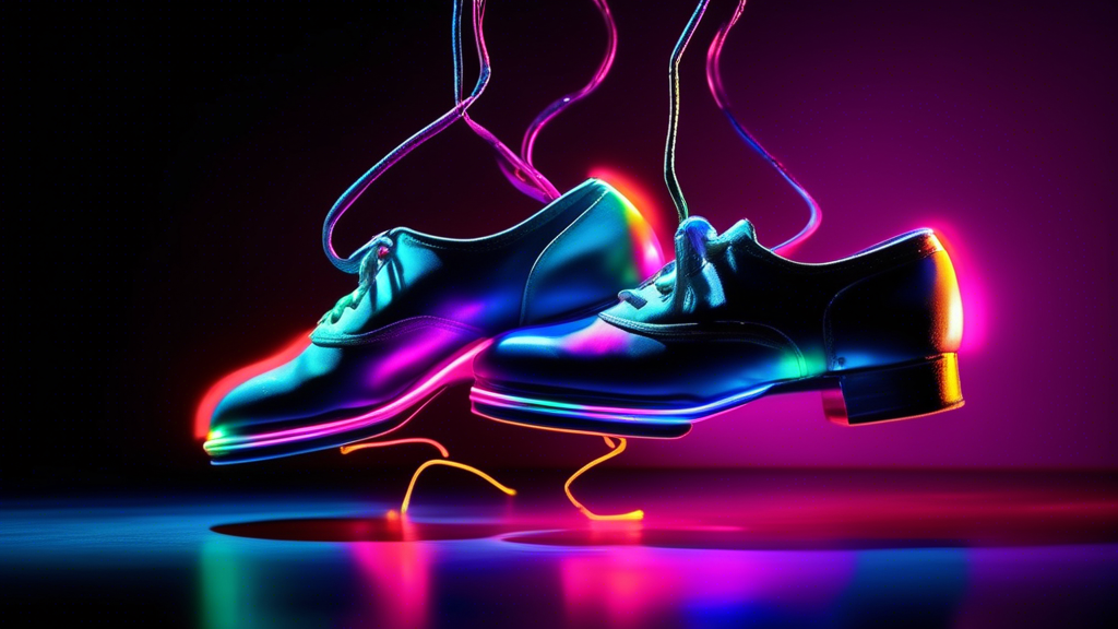 A pair of tap shoes with a vibrant neon glow, suspended in mid-air against a dark and ethereal background. The shoes appear to be dancing, with their taps rhythmically clicking together. The image cap