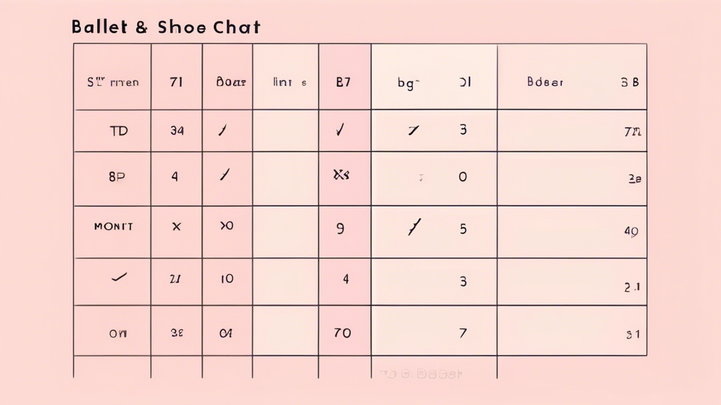 A close-up photo of a ballet shoe sizing chart with different sizes and measurements for men, women, and children. The background is a light pink color and the chart is easy to read.