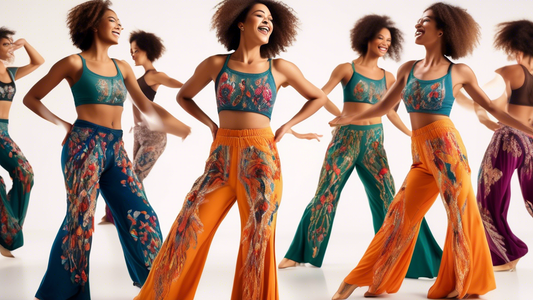 A photorealistic image of a person wearing vibrant, flared jazz pants while dancing in a studio, surrounded by mirrors and a barre. The pants feature intricate embroidery and a flowing, loose fit. The