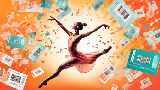 Create an image of a ballet dancer gracefully leaping through a field of discount coupons, loyalty cards, and subscription boxes, showcasing the blend of elegance and savings in the world of loyalty programs.