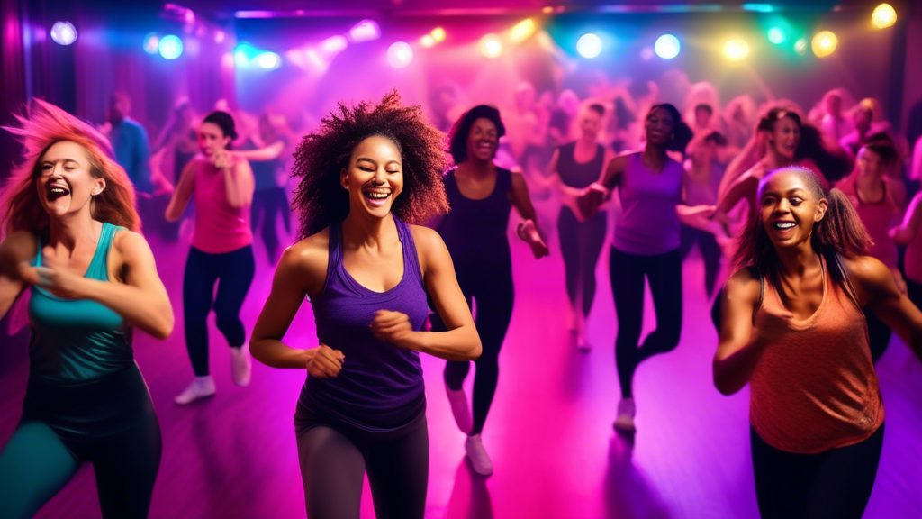 An image of a vibrant and energetic dance class filled with people of diverse backgrounds and dance styles, showcasing dynamic and fun workout routines that combine dance and fitness elements in an engaging and exciting way. The room is filled with c