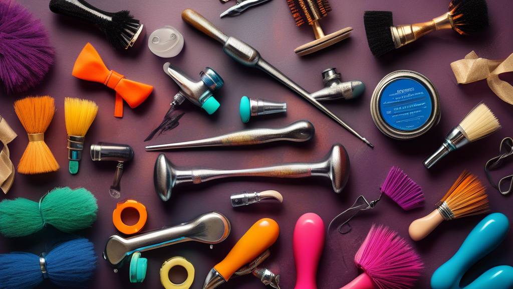 A colorful and vibrant flat lay of essential tap shoe accessories, including various types of taps, brushes, wax, and heel protectors, arranged in an artistic and visually appealing manner on a textur