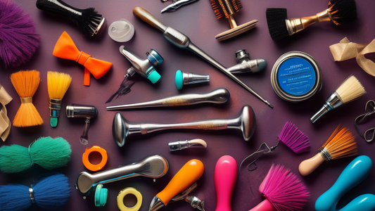 A colorful and vibrant flat lay of essential tap shoe accessories, including various types of taps, brushes, wax, and heel protectors, arranged in an artistic and visually appealing manner on a textur