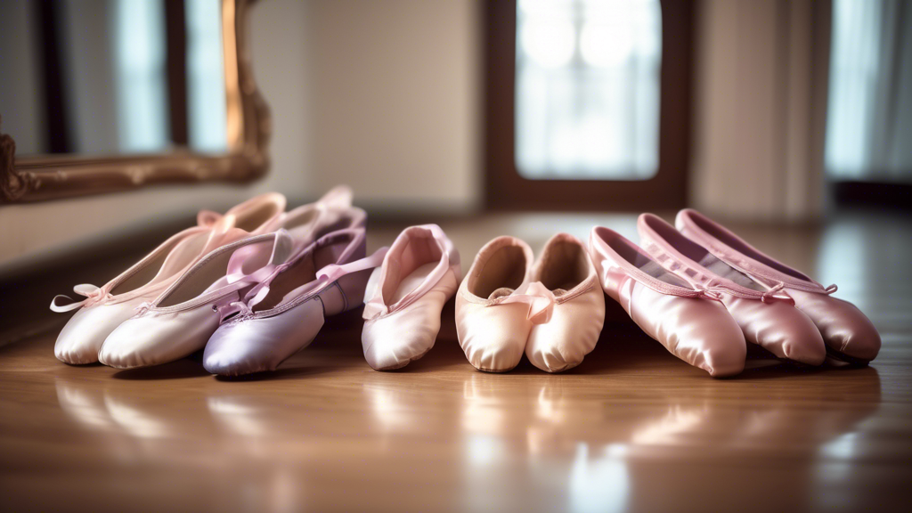 A beautiful collection of ballet shoes in a variety of colors and styles, including pointe shoes, flat shoes, and character shoes. The shoes are arranged on a wooden floor in a dance studio, and there
