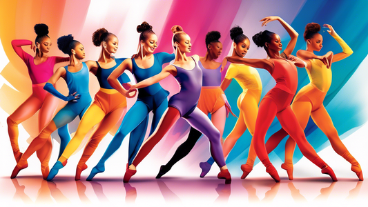 Create an image of a diverse group of professional dancers wearing durable and stylish dance outfits, showcasing various styles such as ballet, hip-hop, contemporary, and tap. Include details like reinforced seams, breathable fabrics, and vibrant col