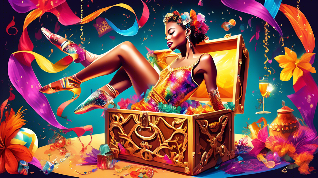 Create an image of a dancer joyfully uncovering a hidden treasure chest filled with sparkling costumes, glittering accessories, and exotic props, all representing the diverse and unique treasures that await dancers.