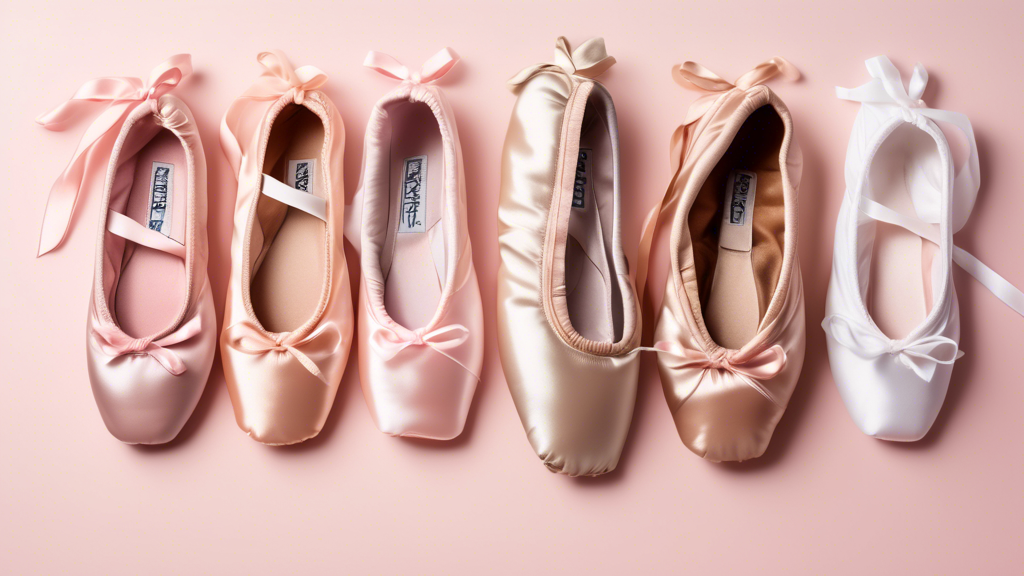 A close-up photograph of four pairs of wide-width ballet shoes in various styles and colors, arranged on a light pink background with a sheer white scarf draped over them.