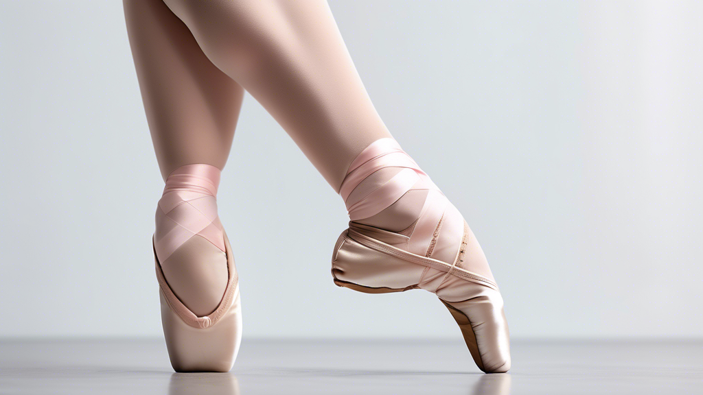 A close-up photograph of a dancer's feet wearing ballet shoes with arch support, showcasing the supportive features of the shoes and the dancer's graceful posture.