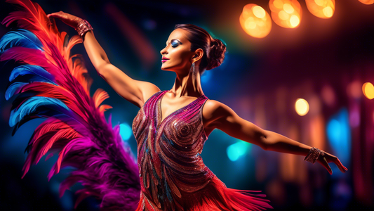A glamorous ballroom dancer in an elegant and vibrant Latin dance dress adorned with intricate details, sequins, and feathers, performing on stage under bright lights