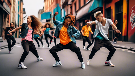 A group of street dancers wearing stylish and functional dance sneakers, showcasing their energetic and skillful moves in a dynamic and urban setting. The sneakers should reflect the latest trends and