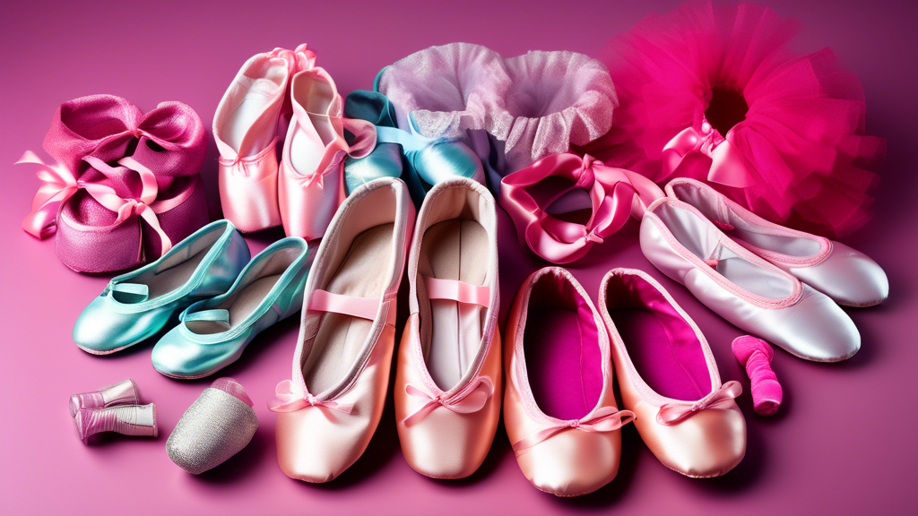 An assortment of vibrant and elegant dance accessories, arranged on a reflective surface. The accessories include ballet shoes, pointe shoes, tap shoes, jazz shoes, and lyrical shoes, along with tutus