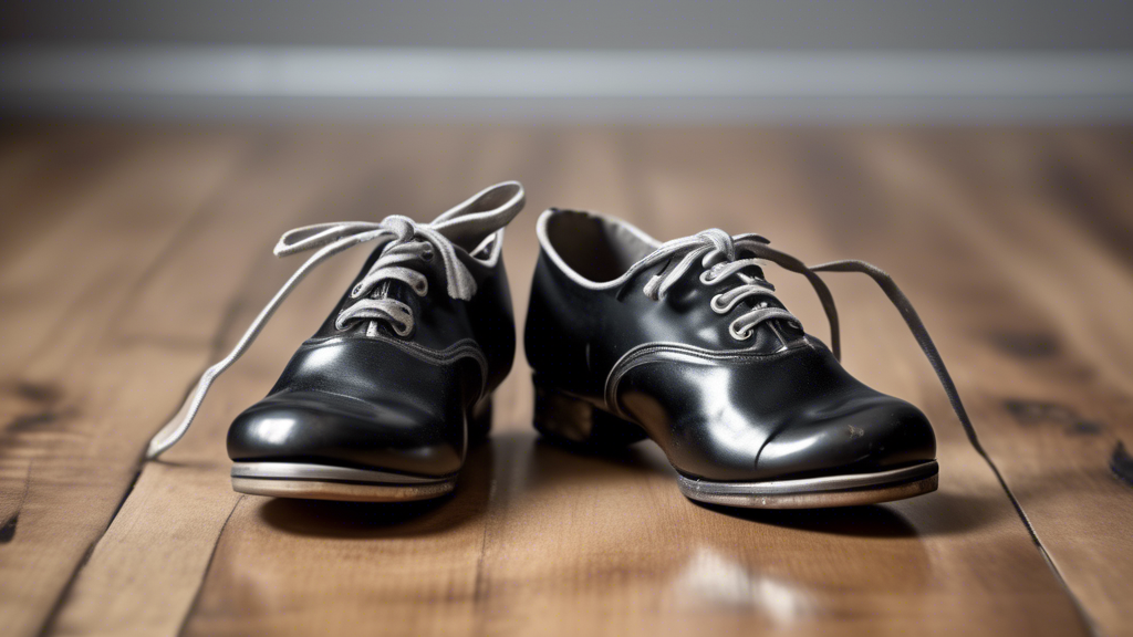 An image of a pair of tap shoes sitting on a wooden floor. The shoes are black with metal taps on the toes and heels. The floor is worn and has visible scuff marks from the shoes. The shoes are angled