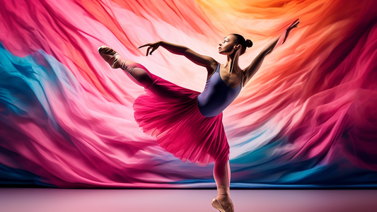 A ballet dancer wearing a durable costume made of high-performance materials, showcasing the strength and flexibility of the fabric through dynamic leaps and twirls, set against a vibrant backdrop of 
