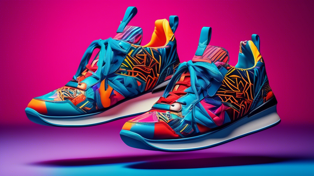 A pair of stylish hip hop dance sneakers adorned with vibrant colors, geometric patterns, and intricate detailing, suspended in mid-air in a dynamic pose that captures the essence of hip hop dance