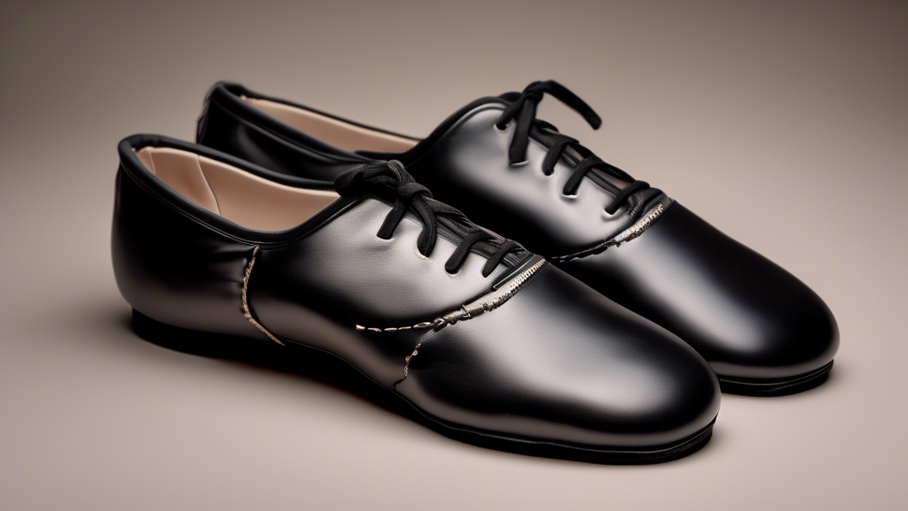 Photograph of a pair of ballet shoes designed for men's feet, with clean lines and a sleek, contemporary design. Focus on the details of the shoes, including the stitching, laces, and toe box. The sho