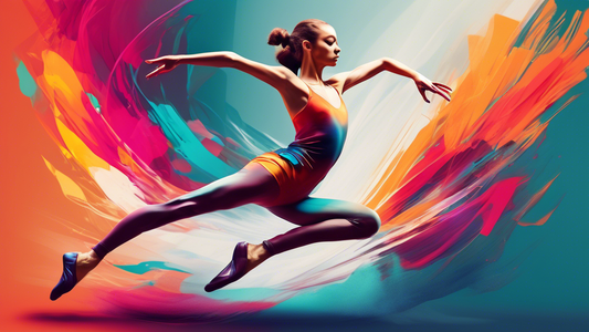 Create an image that captures the essence of a contemporary dance performance. Depict a dancer in dynamic motion, showcasing their fluidity, balance, and athleticism. Use a vibrant color palette and e