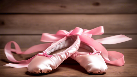 A pair of ballet shoes, satin pink, with ribbons tied neatly around the ankles, resting on a wooden dance floor.