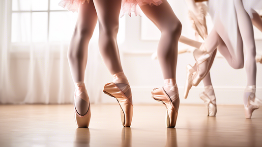 Create an image of a skilled ballet dancer elegantly en pointe, having their pointe shoes fitted by a knowledgeable expert, surrounded by a variety of different pointe shoe styles and accessories.