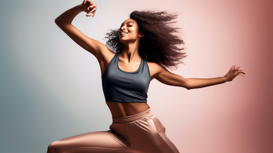 A young woman wearing a racerback jazz top with a sporty and chic style. She is captured mid-dance, with her body in motion and her hair flowing behind her. The image exudes confidence, energy, and a 
