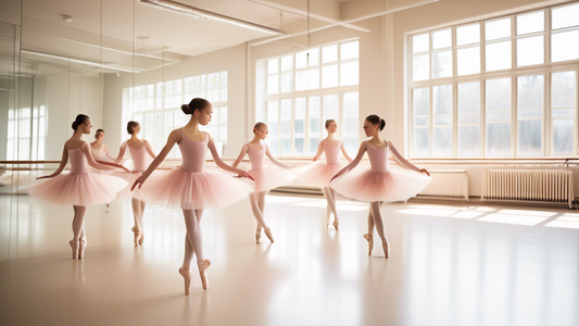 A beautiful dance studio filled with elegant ballerinas wearing high-quality practice skirts and tops. The ballerinas are practicing their moves with grace and poise. The studio is bright and airy, wi