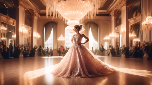 Custom-crafted ballgown with intricate lace detailing and a flowing, ethereal skirt, swirling around a dancer on a grand ballroom floor under twinkling chandeliers