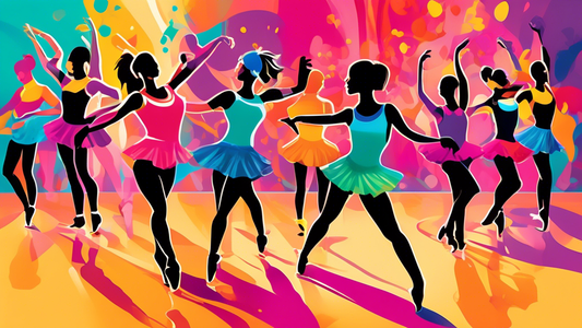 Create an image of a vibrant dance studio filled with a colorful array of niche dance items, such as unique leotards, specialty dance shoes, customized water bottles, and trendy dance accessories. The scene should exude energy, joy, and creativity, s