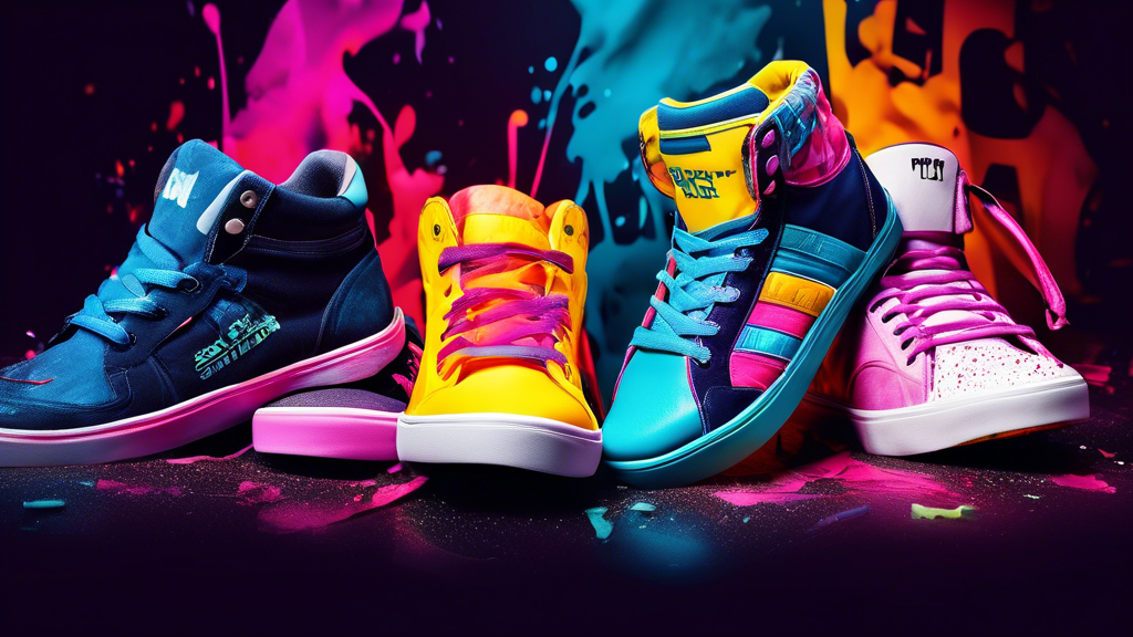 Create a vibrant and stylish image showcasing the top three sneakers designed specifically for custom street dance, capturing the essence of creativity, expression, and athleticism in the urban dance 