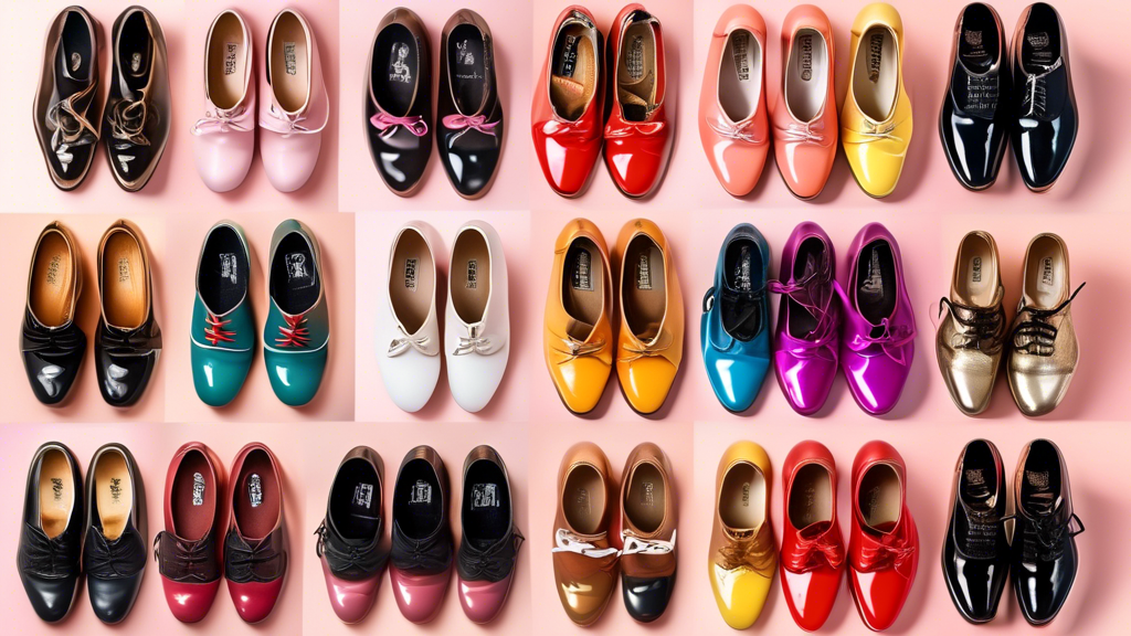A collage of tap shoes in various styles and colors from the top tap shoe brands of 2021, with the brand logos or names visible on the shoes. The background should be a stage or a dance studio.