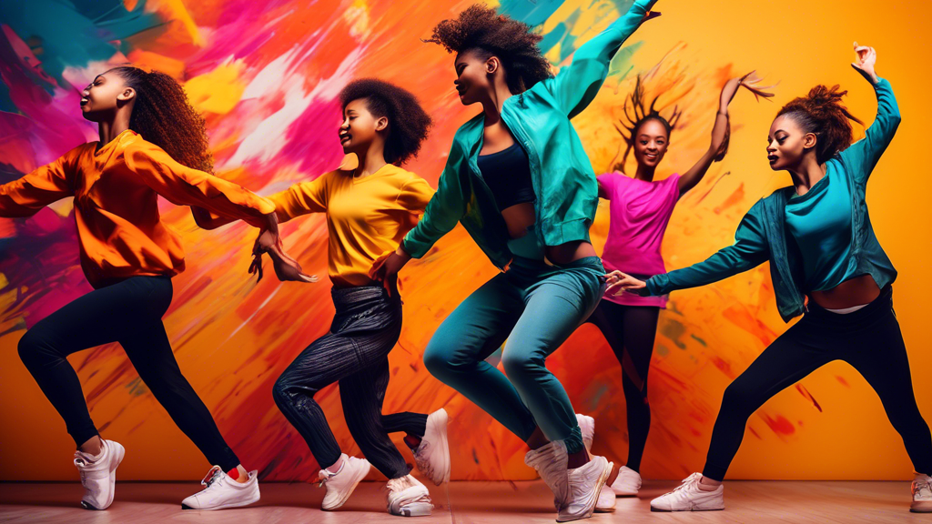 Create an image that captures the vibrant energy of young dancers expressing themselves through their dynamic footwork. Showcase a diverse group of performers adorned in stylish sneakers, their energy