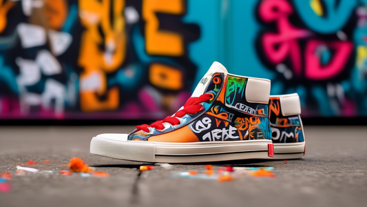A pair of vegan hip hop sneakers made from sustainable materials, featuring vibrant colors and bold graphics that convey a message of empowerment and environmental consciousness. The sneakers are phot