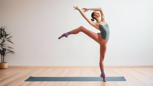 A dancer performing a graceful ballet move on a yoga mat while wearing non-slip yoga socks, surrounded by a serene and elegant atmosphere.