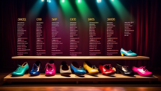 An image of a price comparison table for tap shoes, with columns for different brands, models, features, and prices, on a background of a stage with a spotlight shining on a pair of tap shoes in the f