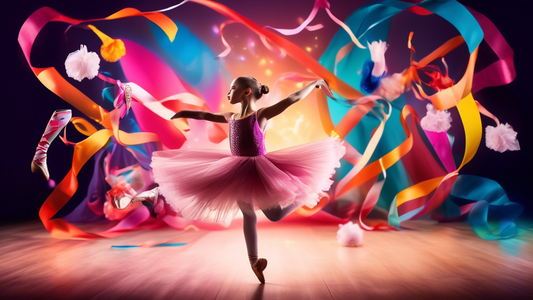 A young dancer in a flowing dress leaping gracefully on stage, surrounded by a variety of dance accessories such as ballet slippers, tap shoes, tutus, and ribbons. The background should be a vibrant a