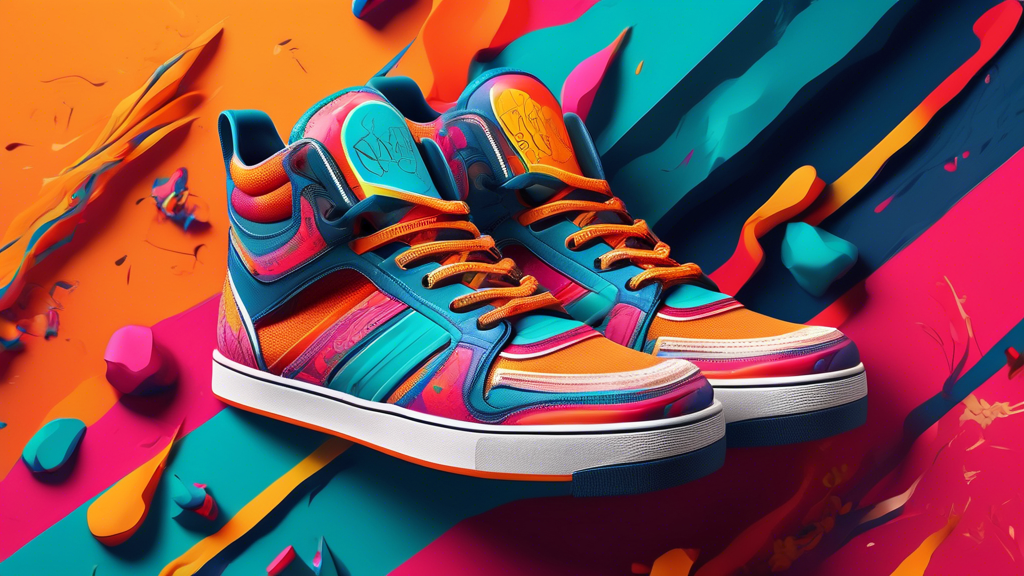 Create an image of a stylish pair of hip hop sneakers with vibrant colors and intricate detailing, showcasing the perfect balance between comfort and performance. The sneakers should exude a streetwea