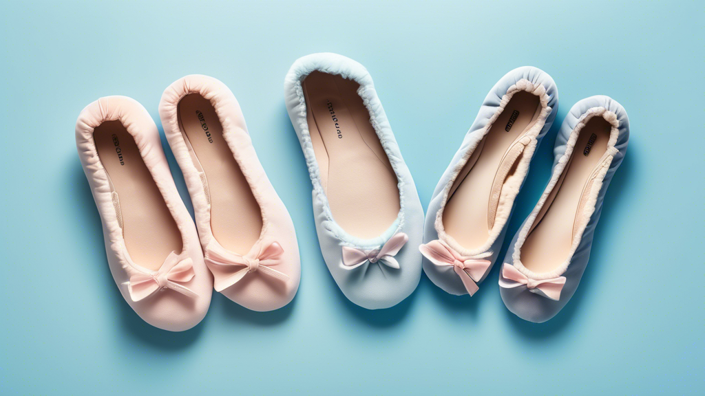 A pair of ballet flats with plush, thick padding inside, in a variety of colors and designs, displayed on a light blue background. The flats are shown from different angles, showcasing their comfort a