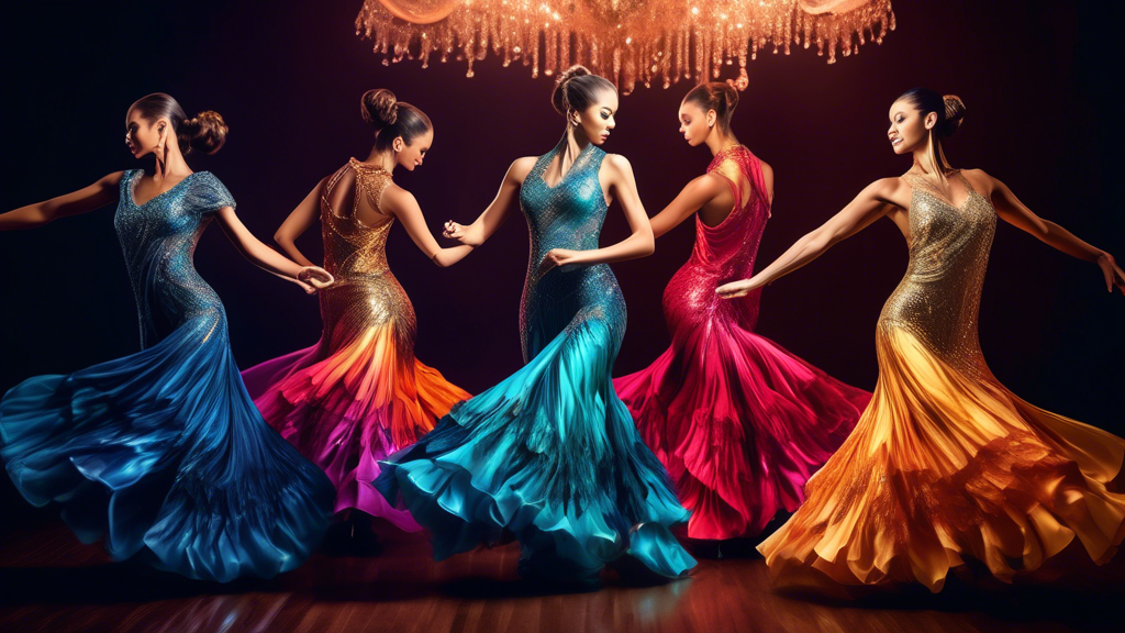 Intricate ballroom dance costumes adorned with shimmering fabrics, flowing silhouettes, and elegant details, showcasing the latest trends in adornment, color, and design, capturing the essence of move