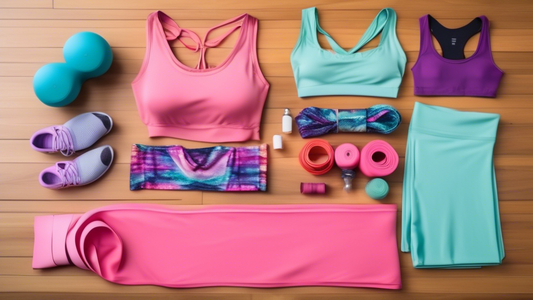 A colorful and stylish array of dance attire and yoga accessories laid out on a wooden floor, including leggings, sports bras, headbands, yoga mats, and water bottles. The attire is designed to be com