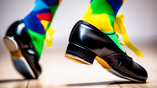 A close-up photo of tap shoes with colorful cushioning material protruding from the heels and toes. The cushioning is made of a soft, shock-absorbent material that provides impact protection for the d