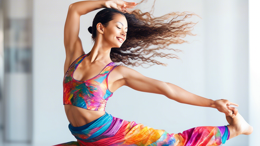 A dancer in a yoga pose, wearing flowing, colorful clothing that resembles a dance costume. The clothing is made of breathable materials that allow for freedom of movement. The dancer's face is expres