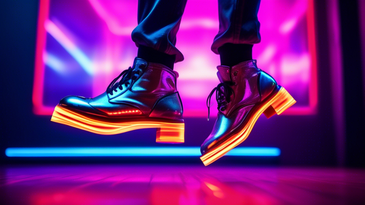 A dynamic performance of a tap dancer wearing futuristic, light-up tap shoes in a neon-lit, urban dance studio. The dancer's feet are captured in mid-air, showcasing the intricate rhythms.