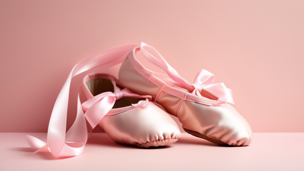 A close-up photograph of a pair of wide-fitting ballet shoes, placed side-by-side on a light pink background. The shoes should be a soft, muted shade of pink, with satin ribbons tied in a neat bow at 