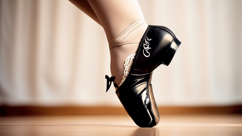 A dancer's foot gracefully extended in a tap shoe, close-up on the toe box, revealing a soft and padded interior adorned with intricate stitching and perforations for breathability, with the word Comf