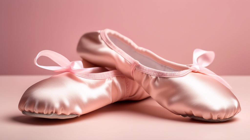 A close-up photo of a pair of well-maintained ballet shoes, with the tips freshly sewn and the satin pristine. The shoes are placed on a light pink background, with a soft, ethereal glow.