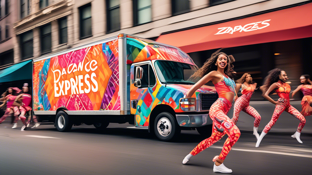 Create an image of a delivery truck wrapped in colorful dancewear patterns, zooming down a city street with the Dancewear Express logo prominently displayed on the side. The truck is surrounded by dancers in vibrant costumes, eagerly awaiting their p