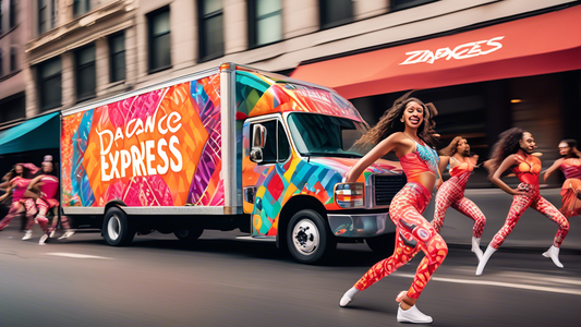 Create an image of a delivery truck wrapped in colorful dancewear patterns, zooming down a city street with the Dancewear Express logo prominently displayed on the side. The truck is surrounded by dancers in vibrant costumes, eagerly awaiting their p